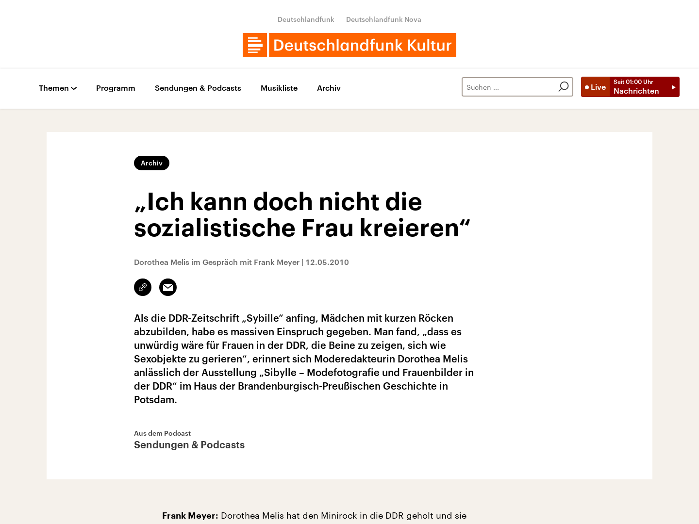 Dorothea Melis: "Ich kann doch nicht die sozialistische Frau kreieren" - Deutschlandradio Kultur