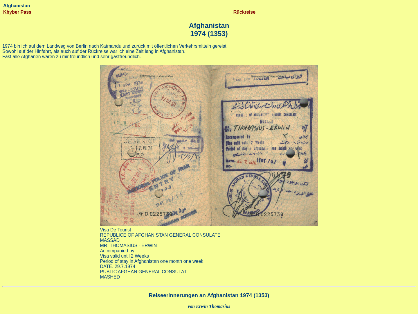 Reiseerinnerungen an Afghanistan 1974 [Erwin Thomasius]